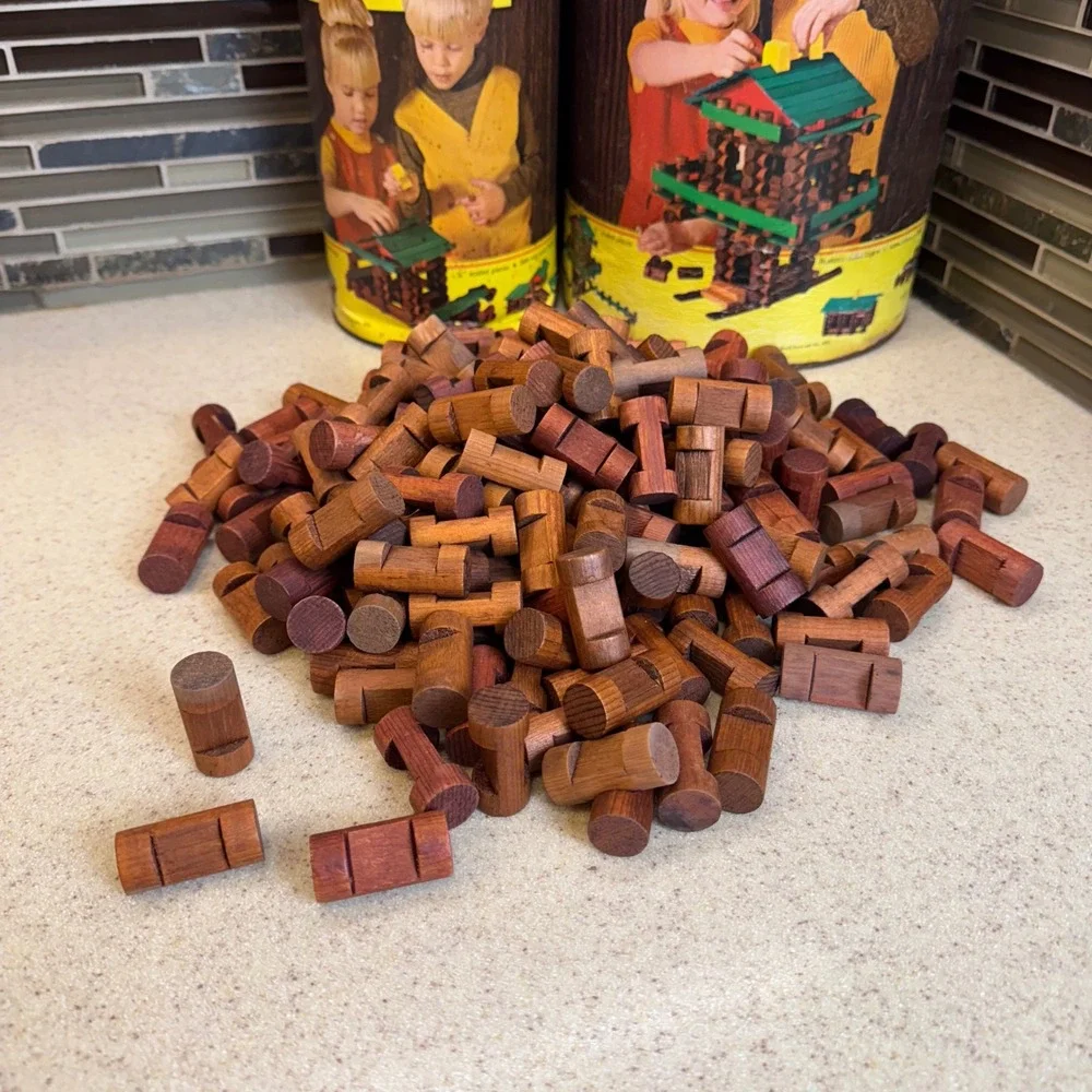 VTG Playskool Lincoln Logs Wood Building Sets No #890 & #893 w/ Canisters 300pc